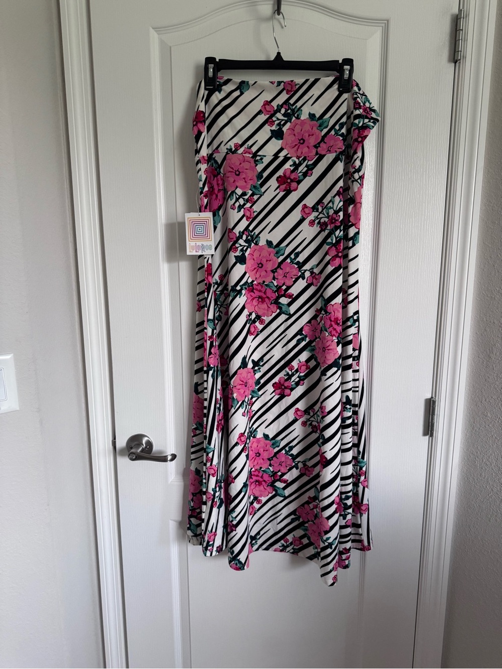 LuLaRoe Maxi Skirt White Black Stripe with Pink Floral
